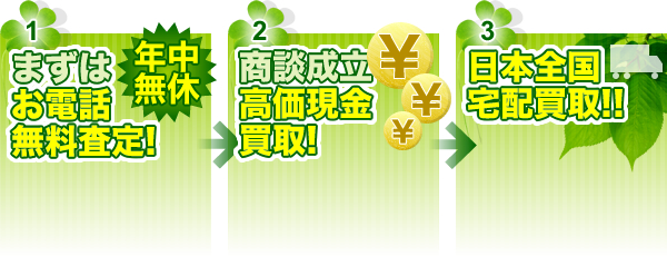 ①まずはお電話無料査定!【年中無休】 ②商談成立 高価現金買取! ③日本全国宅配買取!!
